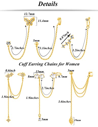Tornito 6-12Pcs Cuff Earring Chain Leaf Snowflake Star Butterfly with CZ Crawler Climber Earring Studs Drop Dangling Chain Wrap Tassel Earring for Women Men 20G Silver Gold Tone - color: B:Gold Tone