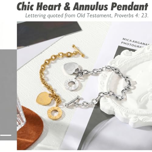 Emibele Heart Charm Bracelet for Women, Bible Verse Bracelet Stainless Steel 18K Gold Plated Bracelet Love Pendant Link Chain OT Clasp, Birthday Christmas Jewelry Gift for Mother Her - color: Gold & Silver