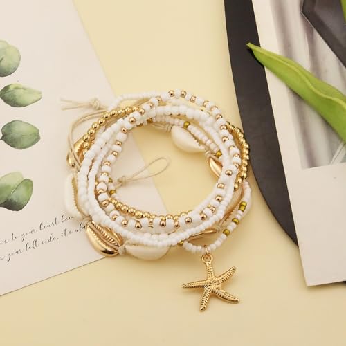Shell Anklets Bracelet for Women Waterproof Surfer Starfish Bracelet Puka Shell Anklet Colorful Boho Stack Stretch Bead Bracelet Set Hawaii Summer Beach Vacation Foot Jewelry - color: White