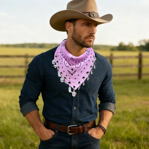 AWAYTR 100% Cotton Bandana for Cowgirl Western Cowboy Costume, 21 Inch Paisley Scarf with Grommet Western Ornaments - color: Pink