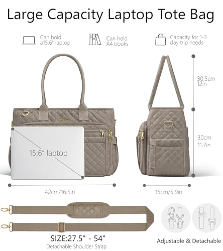 Bagstellar Teacher Bags for Women, 15.6 inch Laptop Work Tote Bag Quilted Nurse Bible Computer Shoulder Bag for School Travel | Dream Tote Work Bag - color: Medium Grey