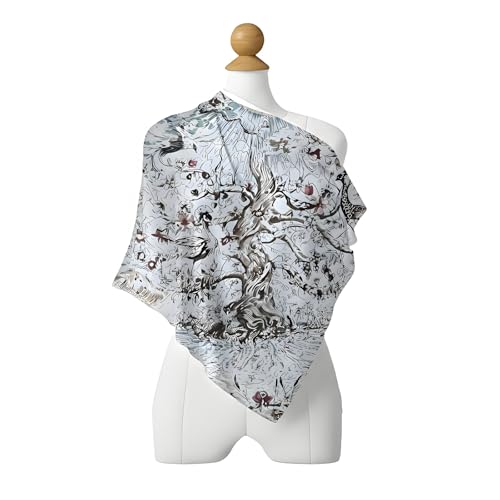 Premium Floral Scarf for Women 35x35 Square Silk Feel-Lightweight Scarves Headscarf Bandanas Wrapping Handbag - color: Mystic Tree Swan Illustration Light Blue