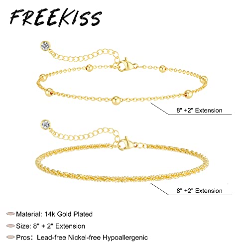 Freekiss Sterling Silver Ankle Bracelets for Women: Dainty Layered Waterproof Anklet for Women Adjustable Womens Anklet Set Stackable Figaro Beaded Cuban Link Anklets Beach Jewelry for Women - color: ANKLET-sparkle glitter+beaded chain-GD