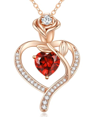 LOUISA SECRET Rose Flower Heart Birthstone Necklaces for Women, 925 Sterling Silver Jewelry, Pendant Heart Necklaces Birthday Anniversary Christmas Gift for Women Wife Mom Girlfriend Lady - color: Rose Gold-01/07-Jan/Jul