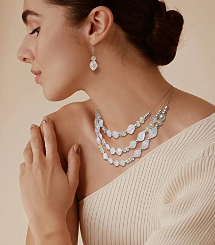 3 Layered Chunky Statement Necklace for Women Beaded Strand Necklaces with Earring Fashion Costumes Collar Necklace Jewelry Sets Gifts for Women - color: White