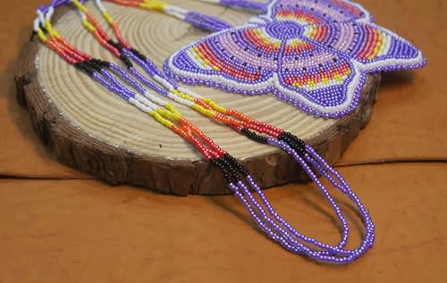 Handmade Native American Style Tribal ethnic Seed Bead Beaded Layered Medallion Necklace #1 - color: Purple Butterfly