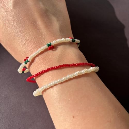Dainty Gold Plated Tiny Ball Colorful Beaded Stack Bracelets Sets for Women,3Pcs Stackable Cute Bracelet Stretch Trendy Ball Jewelry Friendship Gift - color: red