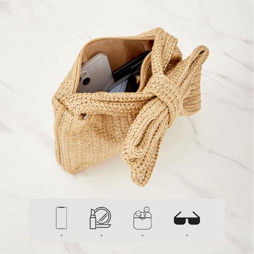 Huralona Women Straw Woven Clutch Purse Pleated Handbag for Summer Beach Vacation Straw Shoulder Crossbody Bag - color: Khaki5