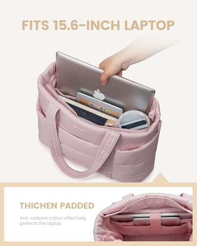 LOVEVOOK Tote Bag for Women, Large Puffer Work Tote Bag for 15.6 Inch Laptop, Lightweight Travel Tote with Zipper Gifts for Women - color: Pink-a, size: 15.6 Inch