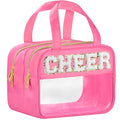 BuyCard Cheer Chenille Letter Bags Clear Makeup Bag for Travel, Cheerleader Gifts Cosmetic Bag with Handles and Zipper, Nylon & PVC Waterproof Large Cheer Accessories Toiletry Bag for Women - color: Rose Red-Cheer