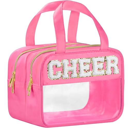BuyCard Cheer Chenille Letter Bags Clear Makeup Bag for Travel, Cheerleader Gifts Cosmetic Bag with Handles and Zipper, Nylon & PVC Waterproof Large Cheer Accessories Toiletry Bag for Women - color: Rose Red-Cheer