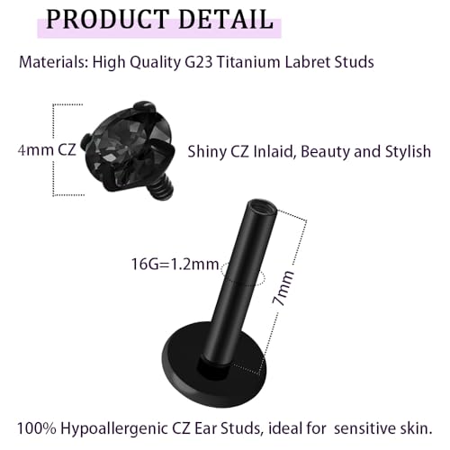 16G 18G Titanium Internal Thread CZ Stud Earrings Flat Back, Silver Black Tragus Helix Conch Cartilage Piercing Jewelry for Women Men 6mm 8mm 10mm Labret Studs 2PCS - color: Black, 16g, 7mm bar, 4mm Black CZ