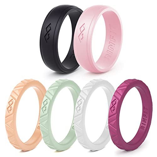 Rinfit Silicone Wedding Ring Sets - Soft, Stackable & Thin Silicone Rings for Her - Womens Rubber Wedding Rings - color: SetM - Black, Pink, Burgundy, White, Green, Peach, size: 5