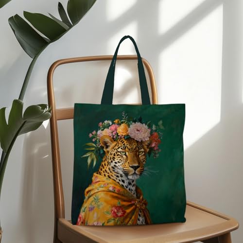 Preppy Animal Tote Bag, Pet Canvas Tote Bag, Reusable Grocery Shopping Shoulder Bags - color: Floral Tiger