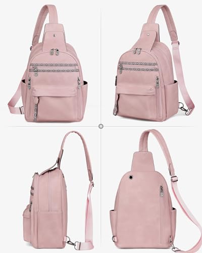 FADEON Large Sling Bag for Women, Leather Crossbody Purse Designer Anti Theft Sling Backpack, RFID Fanny Packs for Travel - color: Pink Retro Style