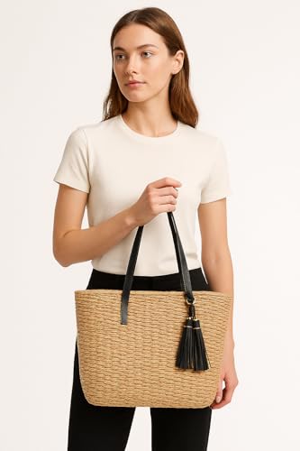 YXILEE Straw Bags For Women | M Size Travel Straw Totes Bag Woven Summer Handmade Shoulder Bag Handbag - color: Black