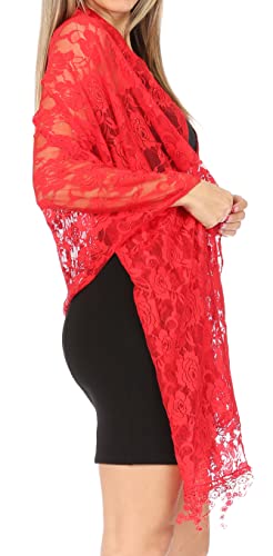 Sakkas Mari Women's Large Lightweight Soft Lace Scarf Wrap Shawl Floral and Fringe - color: Rosered