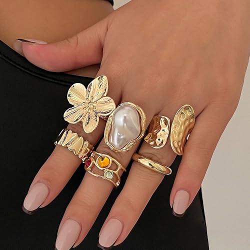 Gold Silver Chunky Ring Set for Women,Open Stacking Knuckle Statement Ring,Boho Flower Baroque Pearl Rings Set,Minimalist Aesthetic Rings Jewelry Gifts - color: Gold