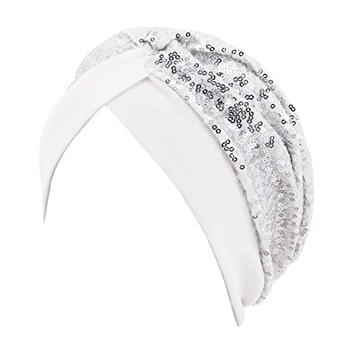 Erinaco Women Sparkle Sequin African Turban Bow Knot Pre-Tied Cap Pleated Ruffle Bonnet Beanie Hat Headwrap Skull Caps - color: Sparkle White