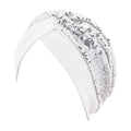 Erinaco Women Sparkle Sequin African Turban Bow Knot Pre-Tied Cap Pleated Ruffle Bonnet Beanie Hat Headwrap Skull Caps - color: Sparkle White