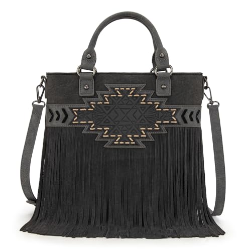 Trinity Ranch Crossbody Bags for Women Tooled Fringe Top Handle Handbags Vintage Western Purse - color: Black