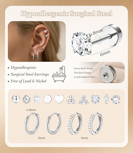 Incaton Hypoallergenic Flat Back Earrings for Women Silver 14K Gold Plated Surgical Stainless Steel Stud Earrings Cubic Zirconia Cartilage Studs Earrings For Multiple Piercing Sensitive Ears - color: B-Silver