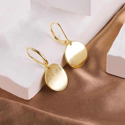 14K Gold Dangle Earrings for Women，Lightweight Circle Disc Coin Geometric Flat Brushed Drop Earrings, Hypoallergenic Leverback Earrings Jewelry - color: A-14K Gold