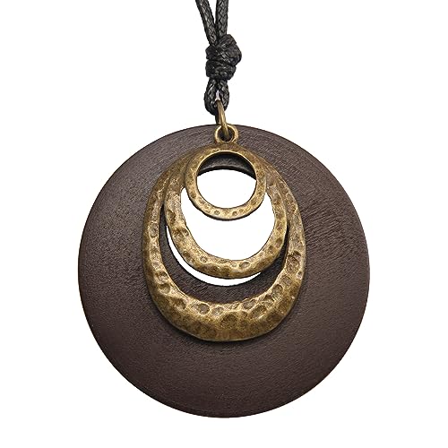 GelConnie Leather Cord Necklace Chain Multilayer Wooden Pendant Necklaces Vintage Jewelry Boho Long Sweater Necklace for Women Men - color: Circle Wooden Necklace
