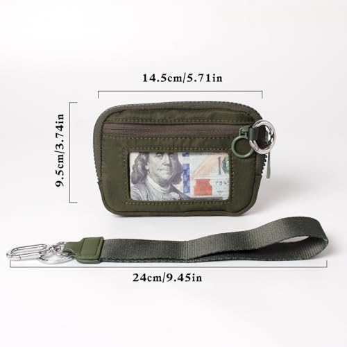 Wristlet Wallet for Women Mini Zip Card Case with Clear ID Window Zipper Coin Purse Lightweight Portable Keychain Wallet - color: Green