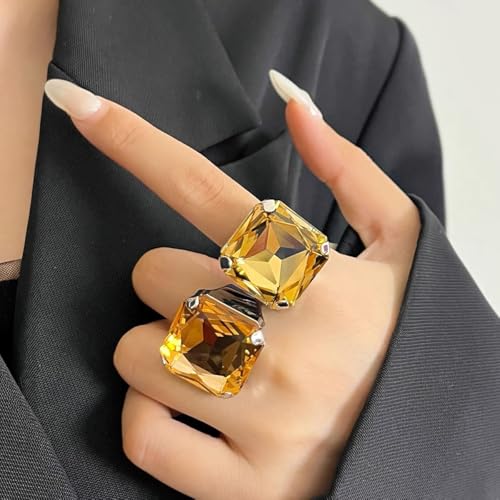 Square Large Rhinestone Exaggerated Statement Ring for Women Sparkling Thick Chunky Geometric Big Crystal Stone Finger Knuckle Band Rings Open Adjustable Wedding Brides Cocktail Prom Party Jewelry - color: Champagne