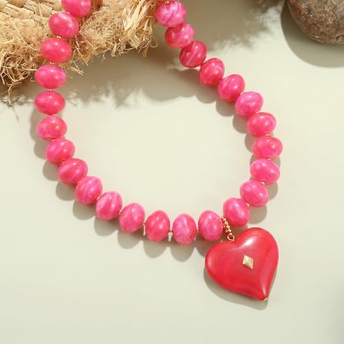 Elegance 11 designs Chunky Heart Necklace for Women, Colorful Acrylic Beaded Statement Puff Heart Necklace, Cute Boho Y2K Choker Necklace for Gift Jewelry - color: Rose