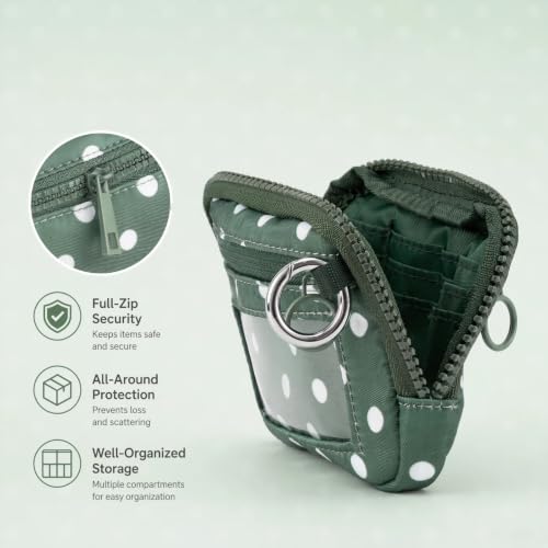 Wristlet Wallet for Women Mini Zip Card Case with Clear ID Window Zipper Coin Purse Lightweight Portable Keychain Wallet - color: Green Polka Dots
