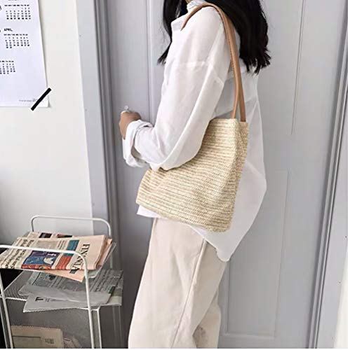 Aphoraeny Straw Beach Bag Buckets Totes Handbag Shoulder Tote Bag Straw Purse Summer Purse Women Summer Handbag - color: A-light Beige