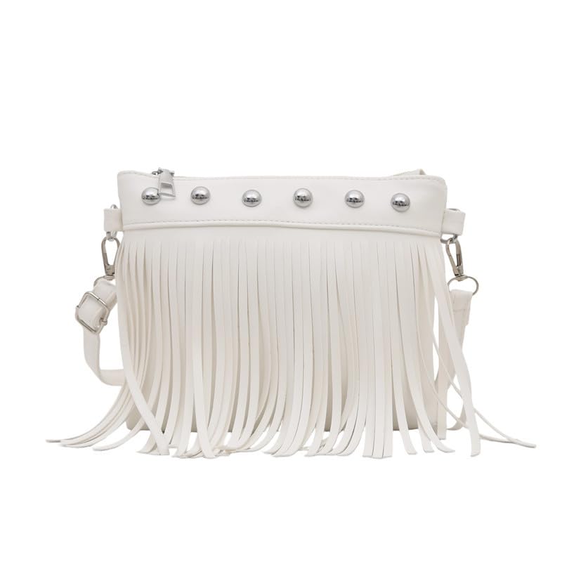 Fringe Shoulder Bag with Studs, Vintage Style Crossbody Purse, Spacious Women's Boho Bag - color: White