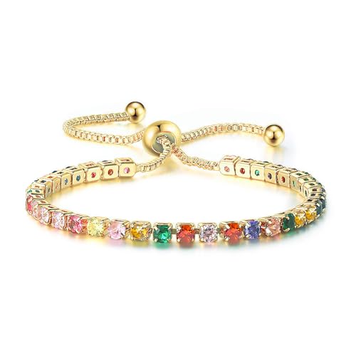CiNily Adjustable Tennis Bracelets for Women Teen Girls Rainbow Cubic Zirconia Bracelet 14K White Gold Plated Hypoallergenic Slider Bracelet Jewelry Gift - color: Adjustable-Round Yellow Gold