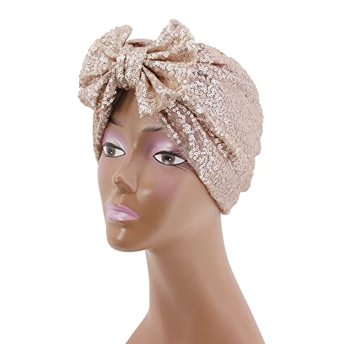 Erinaco Women Sparkle Sequin African Turban Bow Knot Pre-Tied Cap Pleated Ruffle Bonnet Beanie Hat Headwrap Skull Caps - color: Champagne Sequin