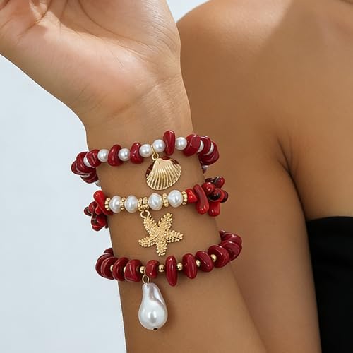 Boho Summer Bracelets for Women, Layered Beach Bracelets Set with Starfish Shell Pearl Charms, Colorful Beaded Bohemian Stackable Jewelry, Elastic Vacation Accessories Summer Outfit Jewelry - color: A3：Red Bracelet