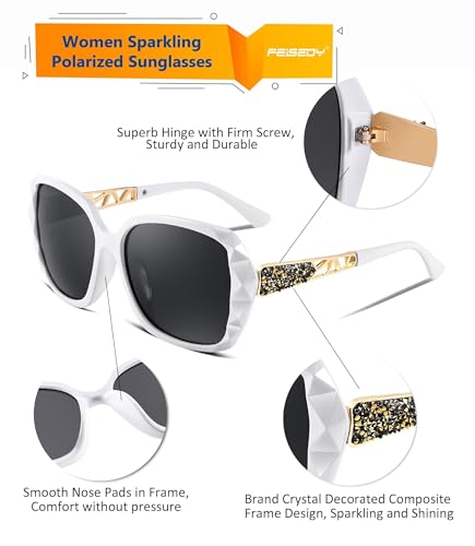 FEISEDY Polarized Women Square Sunglasses Sparkling Composite Shiny Frame B2289 - color: White