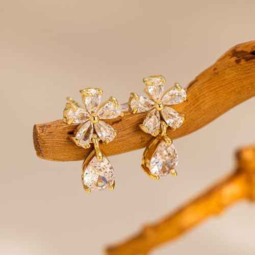 Cubic Zirconia Earrings - 14K Gold/Whte gold/Rose Gold Plated Cubic Zirconia CZ Diamond Wedding Earrings for Women Bridal Bridesmaid - color: Flower Drop