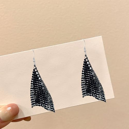 Sequin Earrings for Women Metal Mesh Grid Sequins Tassel Long Drop Dangle Earrings Trendy Charms Bridal Wedding Jewelry - color: Black