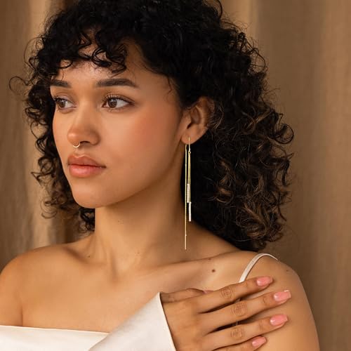 Robaice Gold Long Prom Earrings for Women, 14K Gold Plated Pearl Dangle Drop and Chain Tassel Threader Earrings Dangling，Rhinestone Zirconia Hypoallergenic Bride Party Prom Gold jewelry，Women Gifts - style: A-long threader earrings