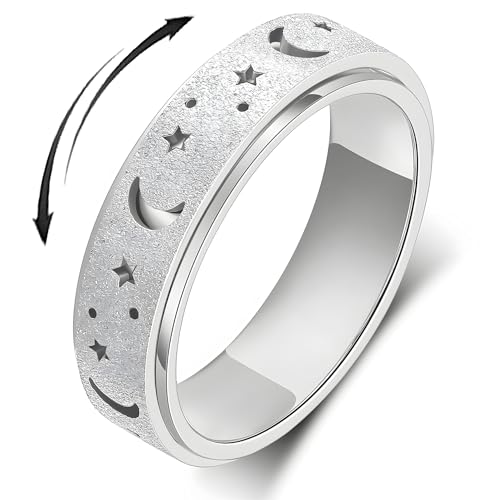 Anxiety Ring for Women Spinner Rings:Rotating Rings Stainless Steel 6mm Moon Star Anxiety for Men Band Jewelry Gift for Women Size 6 7 8 9 10 - color: B-Silver