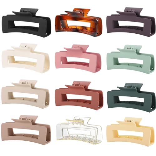 12 Pcs Large Square Hair Claw Clips for Women, 4.3-Inch Matte Rectangle Claw, Strong Hold Non-slip Hair Clips for Thick & Thin Hair,Mixed Color for Gifting, Work, and Daily Styling - color: Multicolor