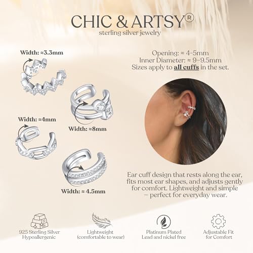 CHIC & ARTSY 925 Sterling Silver Ear Cuffs for Women, Non Piercing Clip On Cartilage Cuffs, Adjustable Fake Conch & Helix Earrings, Gold Plated & Oxidized Various Styles - color: ear cuff #9