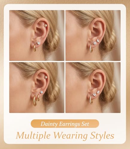 Incaton Hypoallergenic Flat Back Earrings for Women Silver 14K Gold Plated Surgical Stainless Steel Stud Earrings Cubic Zirconia Cartilage Studs Earrings For Multiple Piercing Sensitive Ears - color: K-Gold