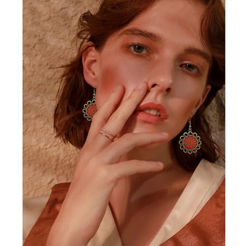 Bohemian Lightweight Vintage Copper Enamel Flower Hollow Dangle Drop Earrings Handmade Retro Circle Floral Hook Earrings For WomenJewelry Gifts - color: Red