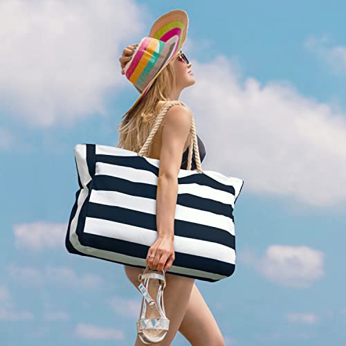 Becokan Beach Bag Large Beach Tote Bag for Women Waterproof Sandproof Swim Pool Bag With Zipper - color: Dark Blue