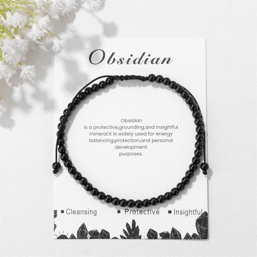 Lit Wall Crystal Anklets for Women Handmade Beach Boho Ankle Bracelet 4mm Adjustable Beaded Ankle Bracelet Waterproof Natural Stone Anklet Plus Size Anklets Gemstone Anklet Jewelry Gift for Her - style: Black Obsidian