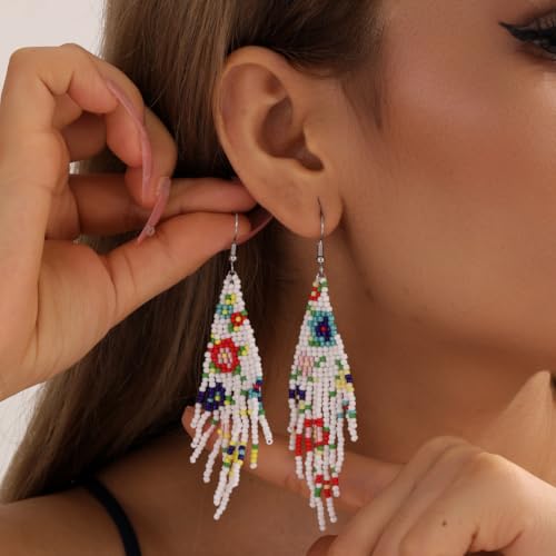 Flower Black Beaded Long Tassel Western Native American Earrings For Women Dangling - color: white
