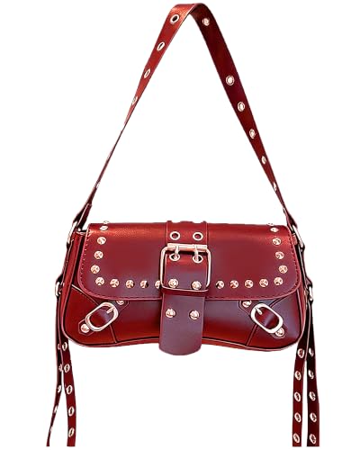 Y2K Trendy Purse for Women, Leather Buckle Punk Hobo Clutch Purses Bags for Ladies Top Handle Shoulder Bag - color: Deep Red